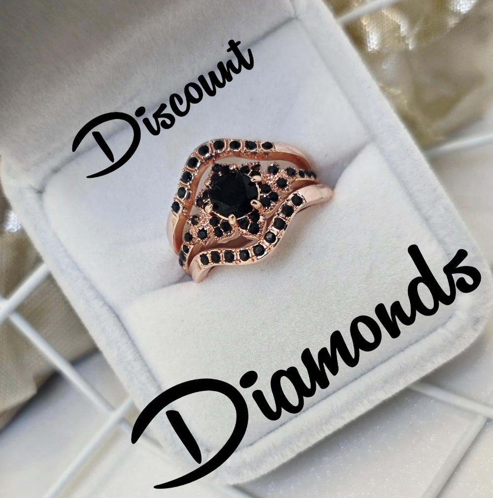 3 Piece Black Sapphire Cocktail Ring on 18K Rose Gold Over 925 Sterling Silver